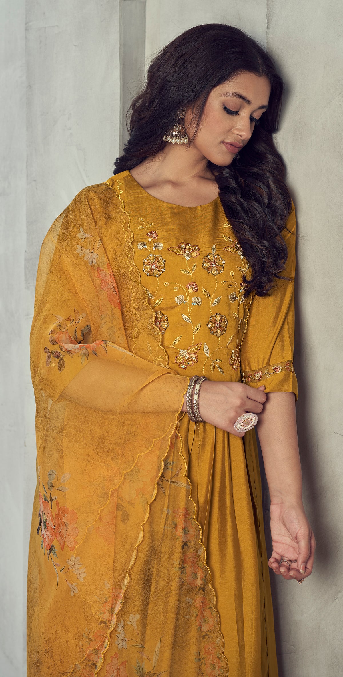 Gold viscose embordered three piece kurta set