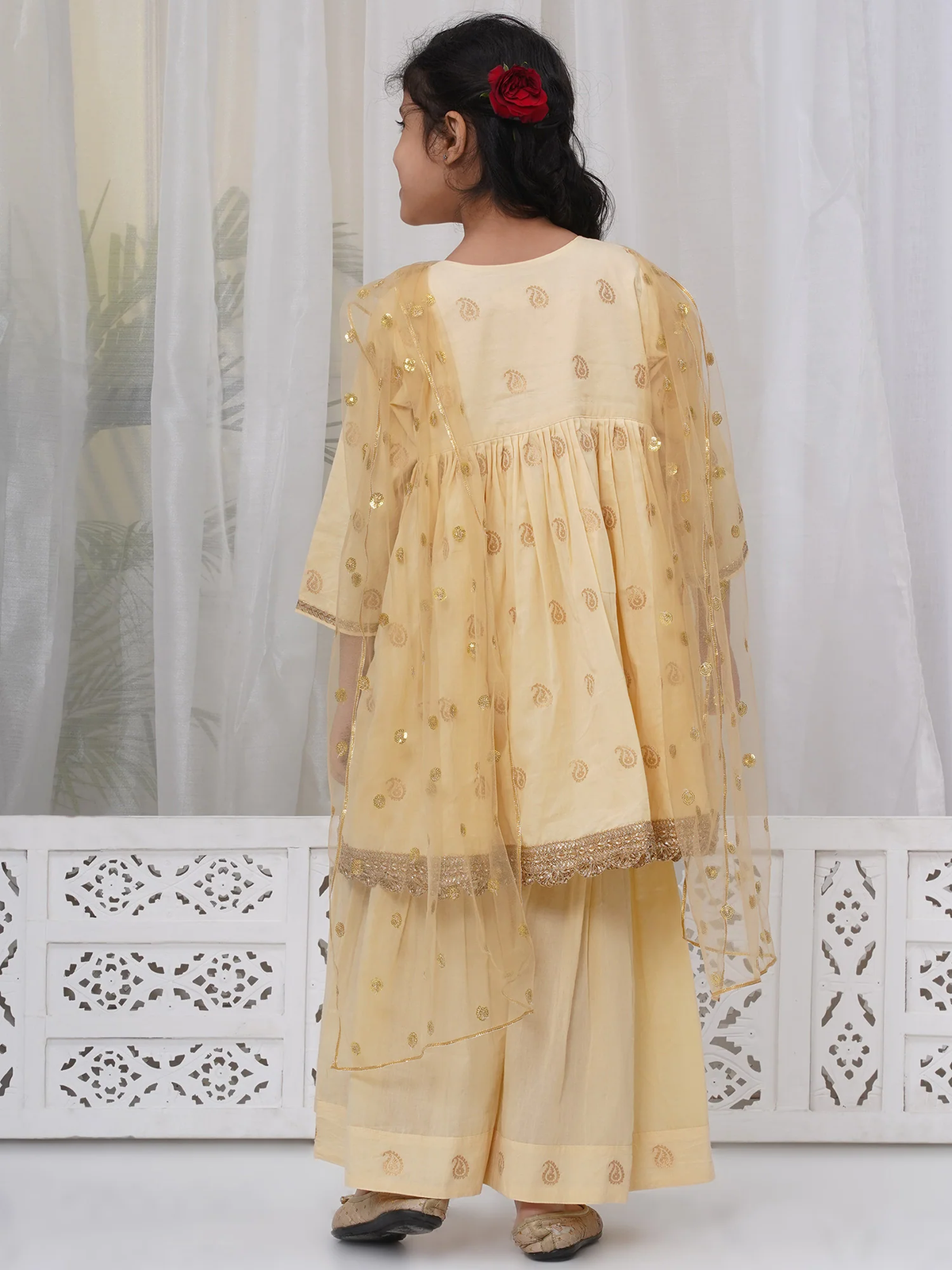 Little Bansi Girls Cotton Three Fourth Sleeves Angrakha Kurta with Sharara and Net Dupatta with Paisley Design Zari Work- Dutch Cream