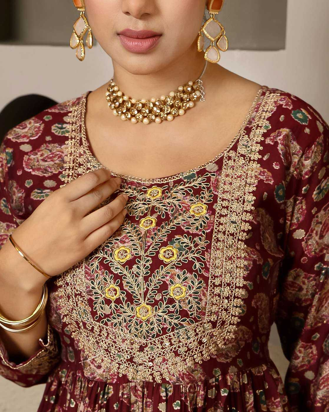 Aromie three piece cotton embroidered kurta set Canada in maroon with yellow floral embroidery and gold detailing