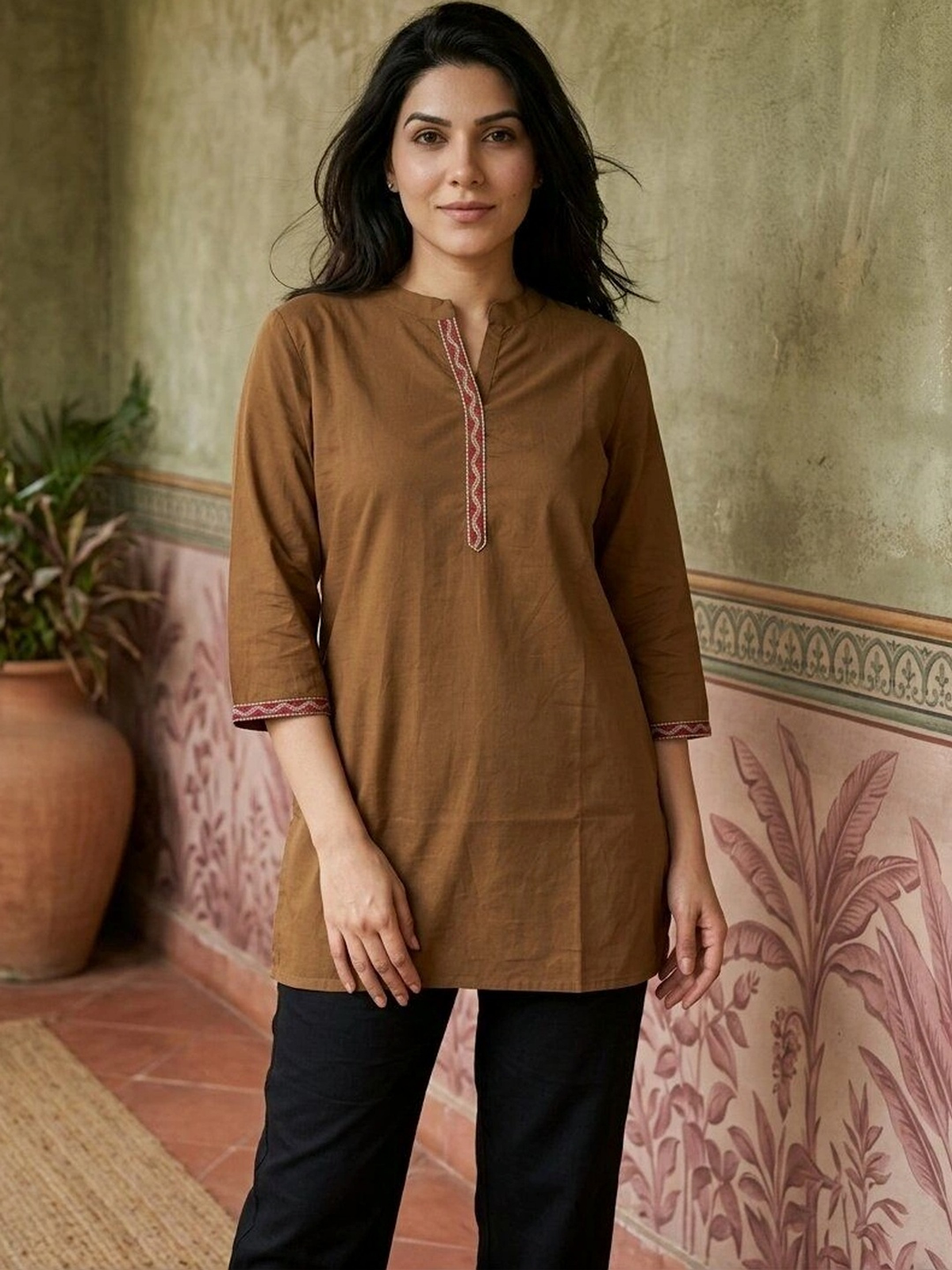 Women’s Brown Embroidered Rayon Kurti AROMIE.STORE
