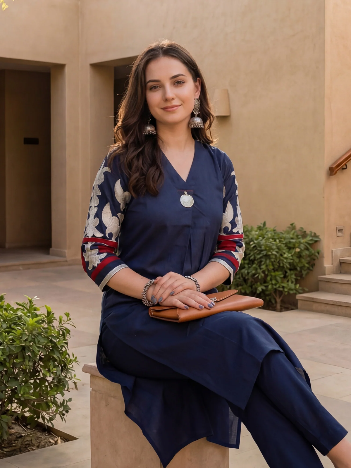 A woman sits outdoors wearing a navy blue kurta with patterned sleeves in white, red, and blue, paired with matching navy trousers. She is holding a brown clutch bag.
