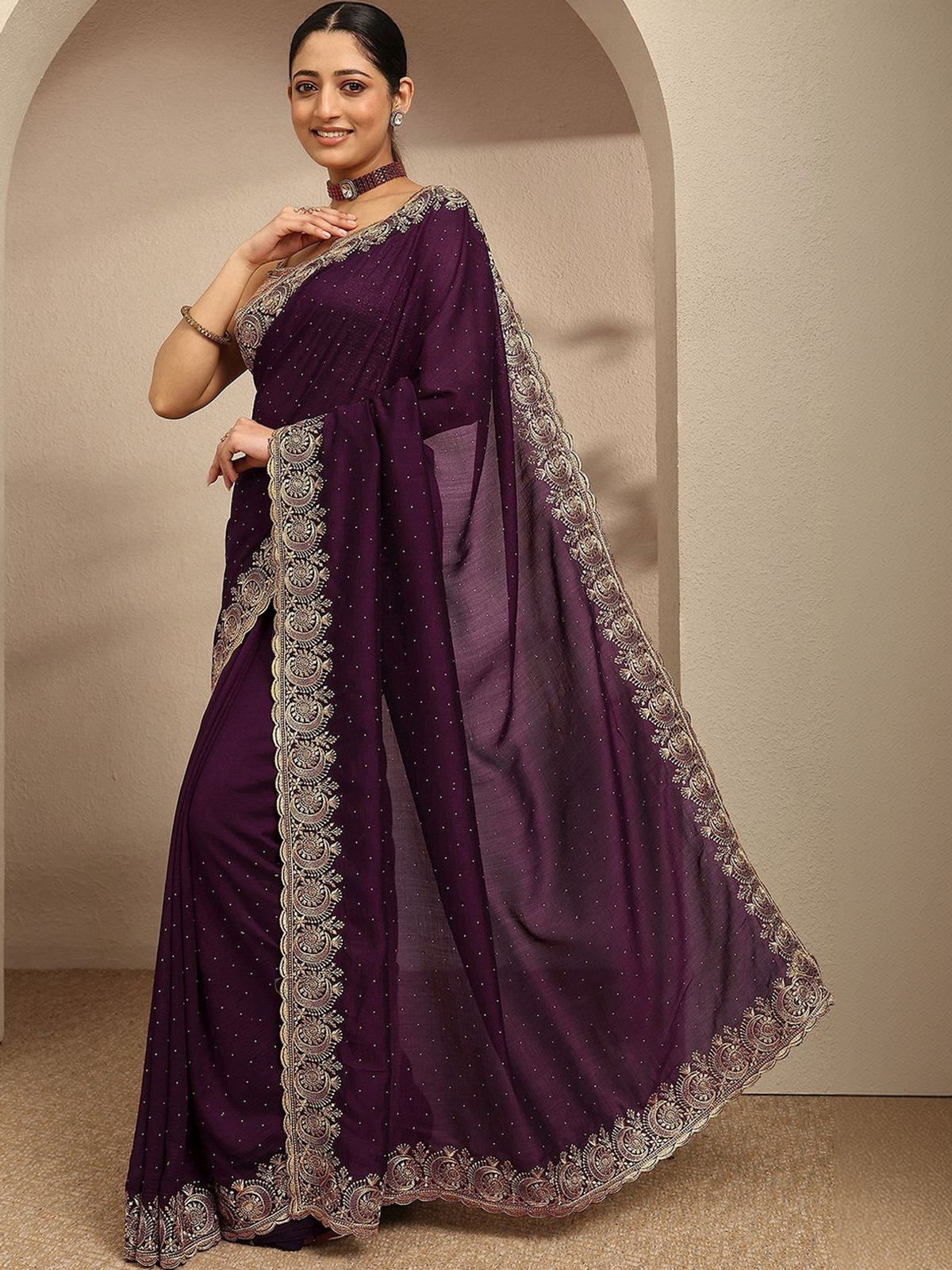 Burgundy Silk Blend Saree with Beadwork and Zari Border aromie
