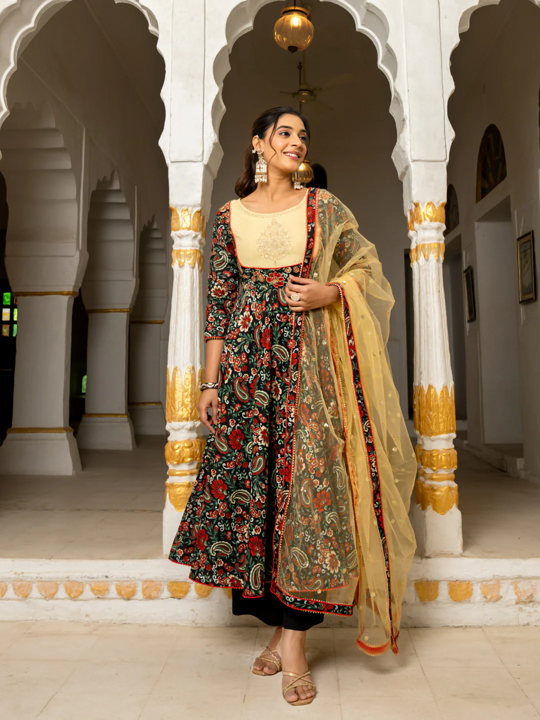 Cotton Anarkali Suit Set with Palazzo & Dupatta