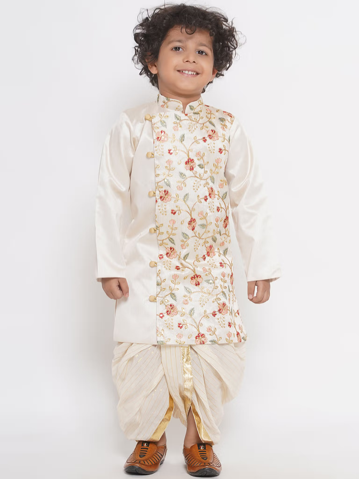 Boys Cream Floral Sherwani with Dhoti (Set of 2)