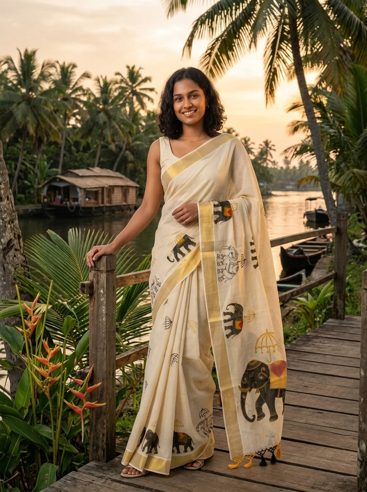 Caparisoned Elephant & Ceremonial Umbrella Digital Print, Gold Zari Border & Tassel Pallu