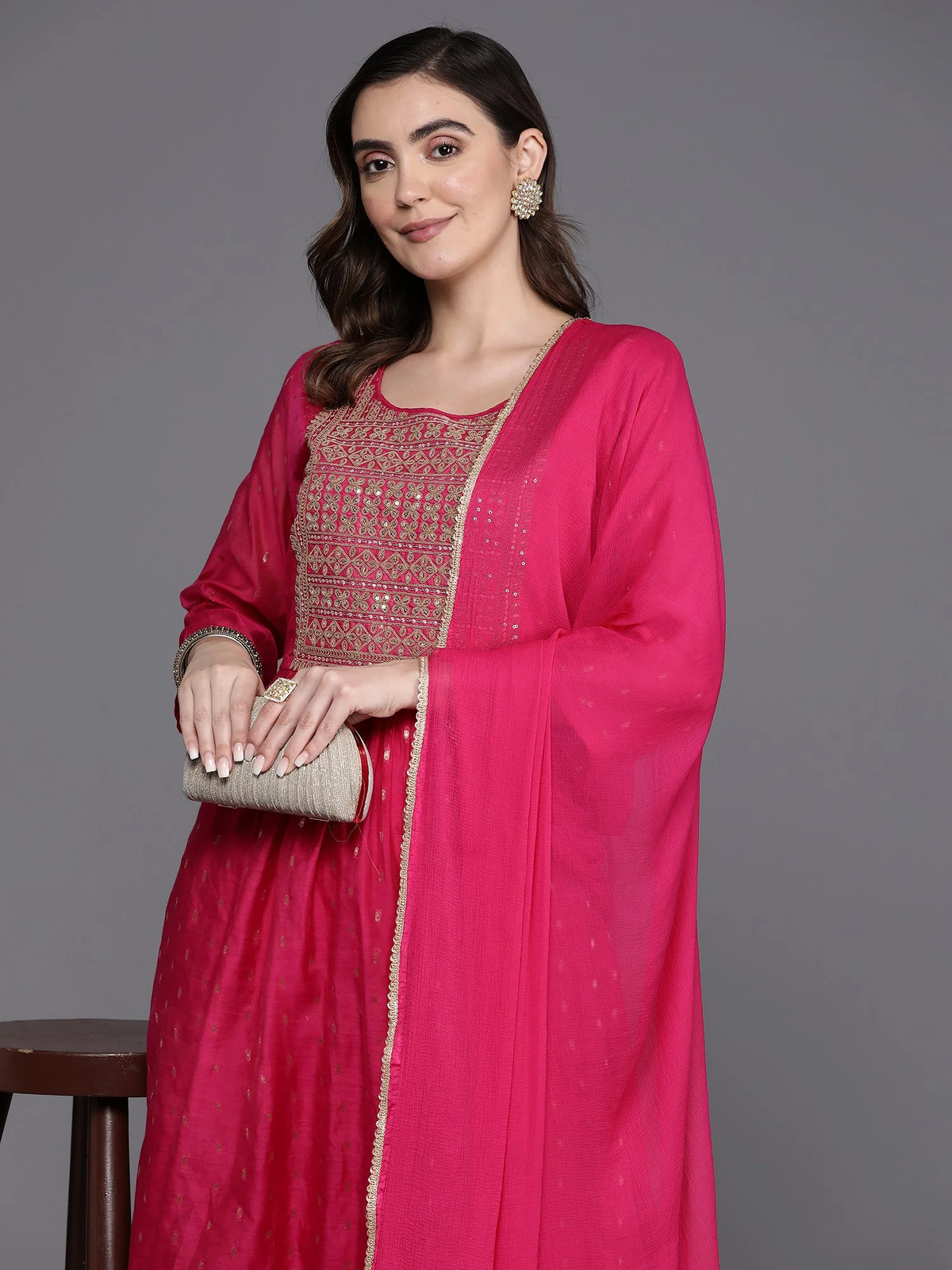Pink Embroidered A-Line Kurta Trousers With Dupatta Set aromie