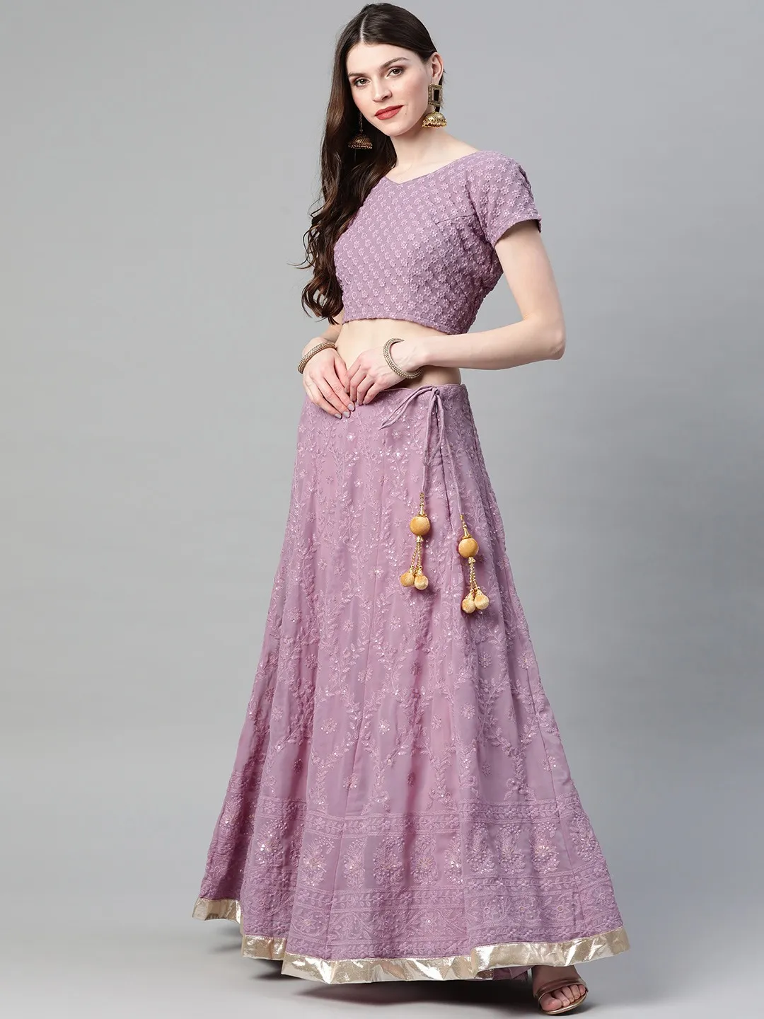 Lavender lehenga choli set USA in embroidered fabric, perfect for weddings and festive occasions, front view