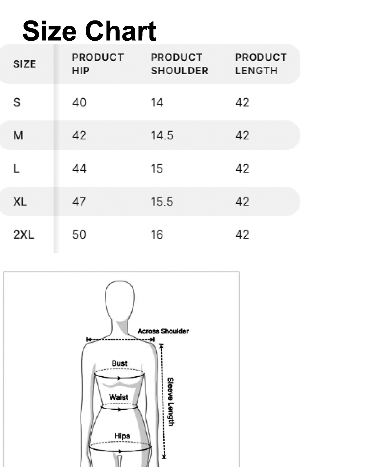 Aromie Single Piece Kurta size chart S to 2XL with hip shoulder length measurements and diagram printed viscose jumpsuit