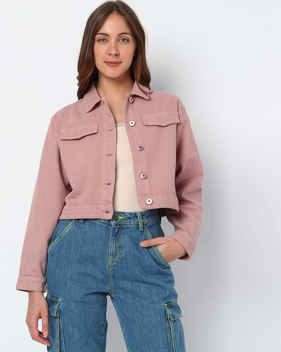 Front view of women’s 100% cotton button-front jacket with flap pockets