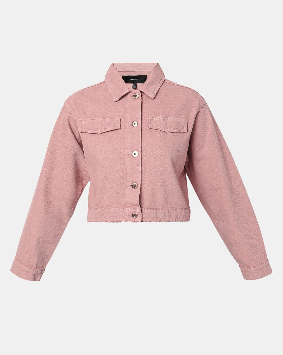 Front view of women’s 100% cotton button-front jacket with flap pockets