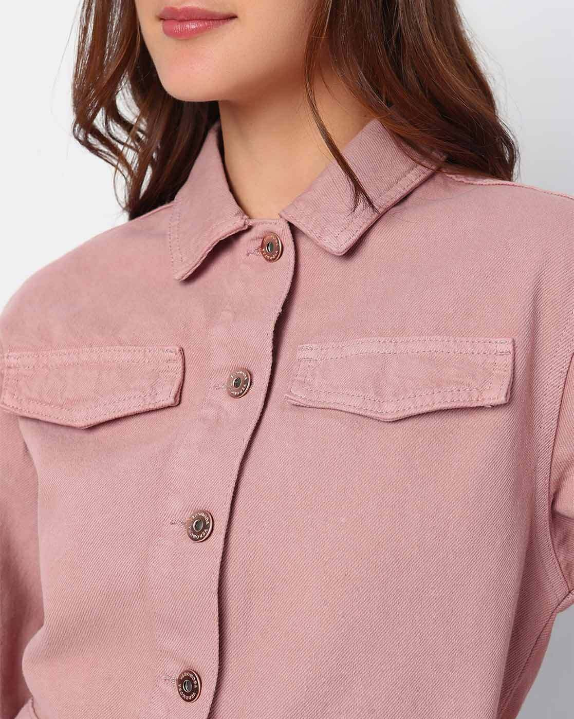 Front view of women’s 100% cotton button-front jacket with flap pockets