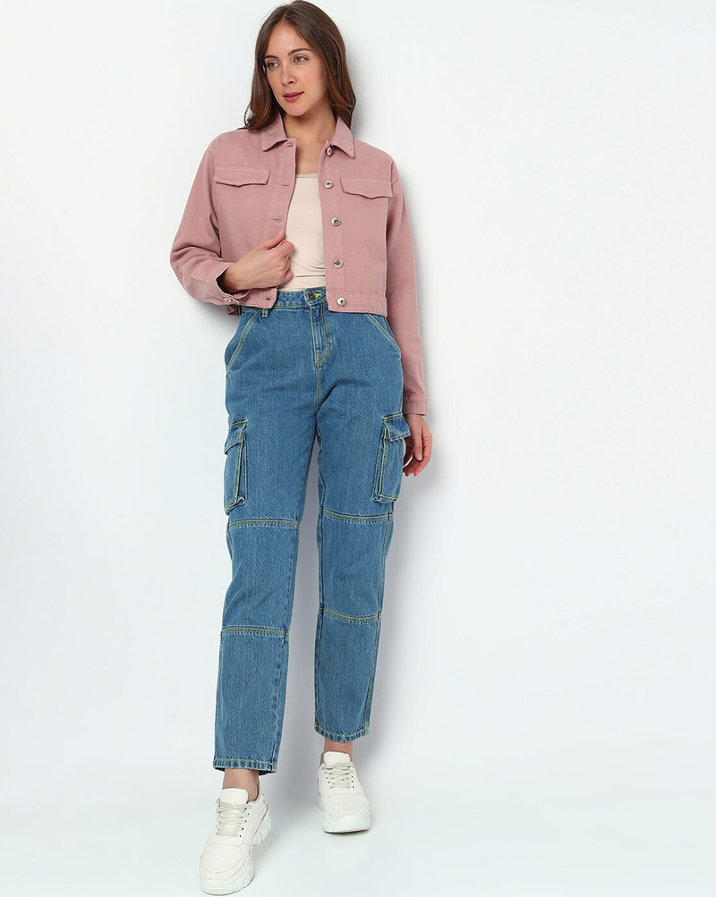 Front view of women’s 100% cotton button-front jacket with flap pockets
