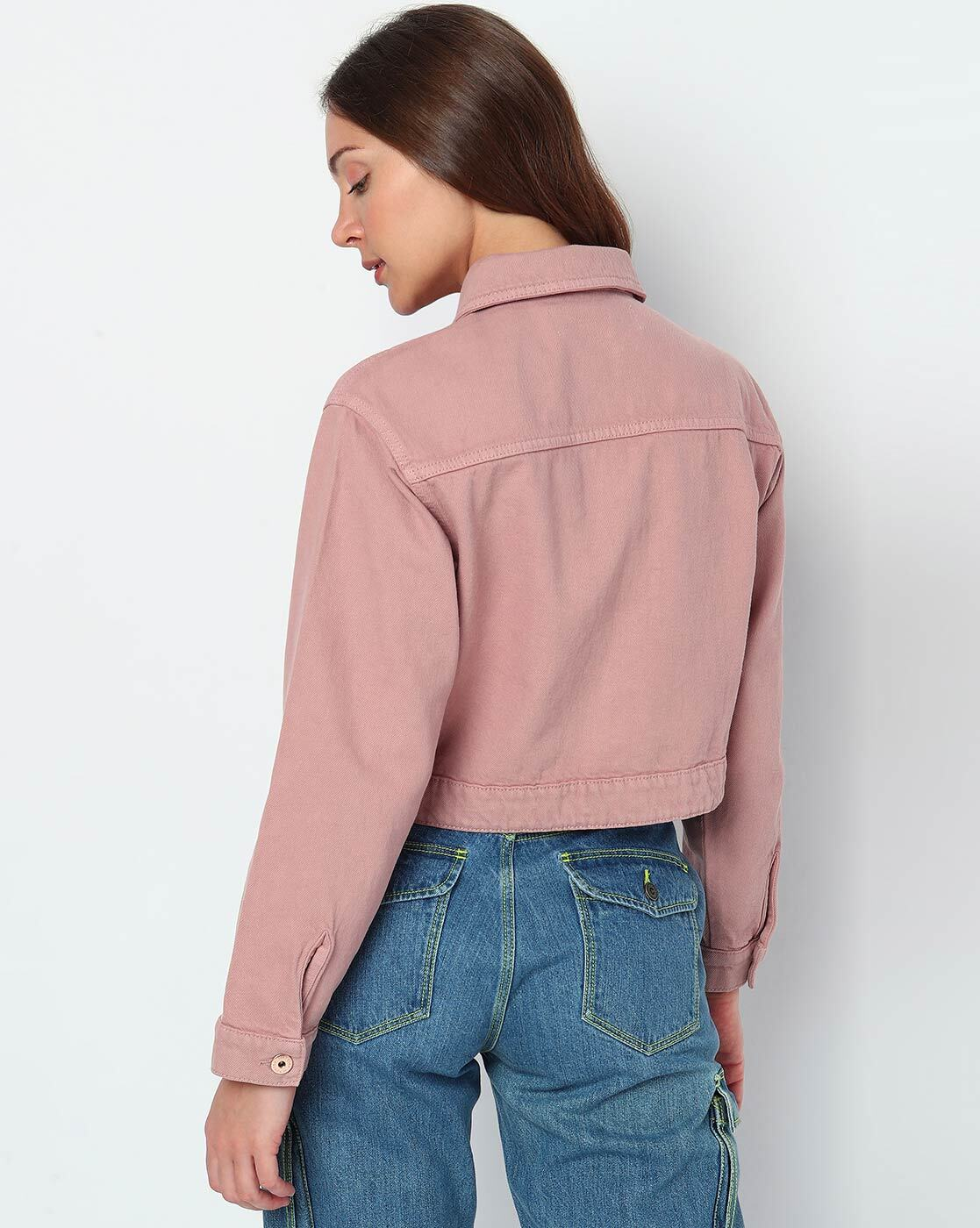 Front view of women’s 100% cotton button-front jacket with flap pockets