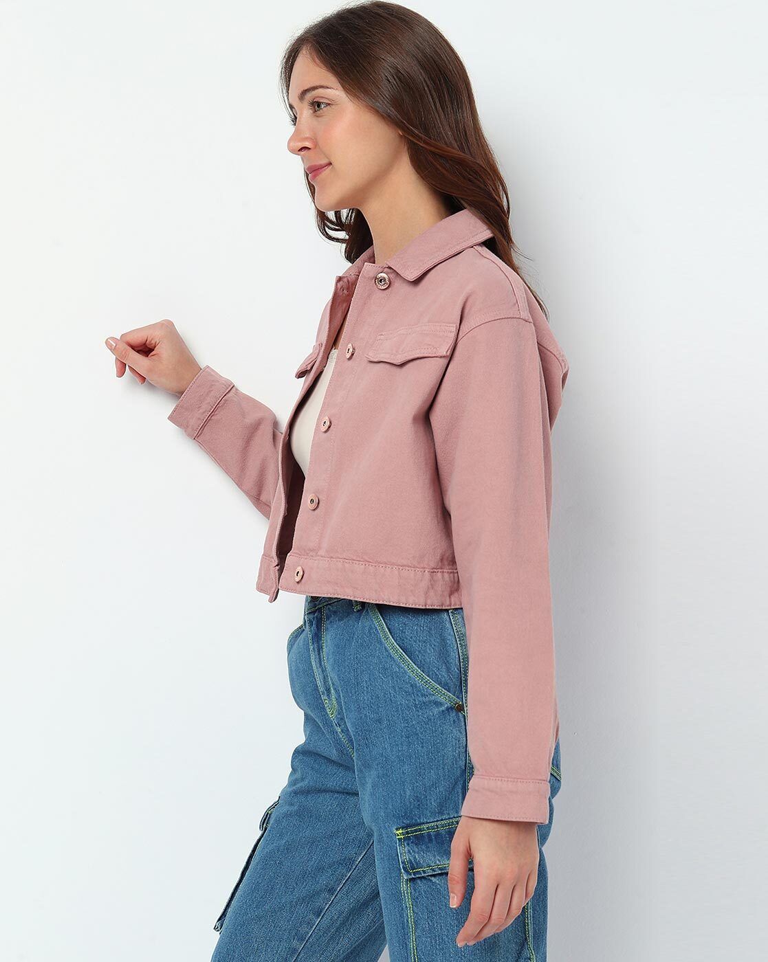 Front view of women’s 100% cotton button-front jacket with flap pockets
