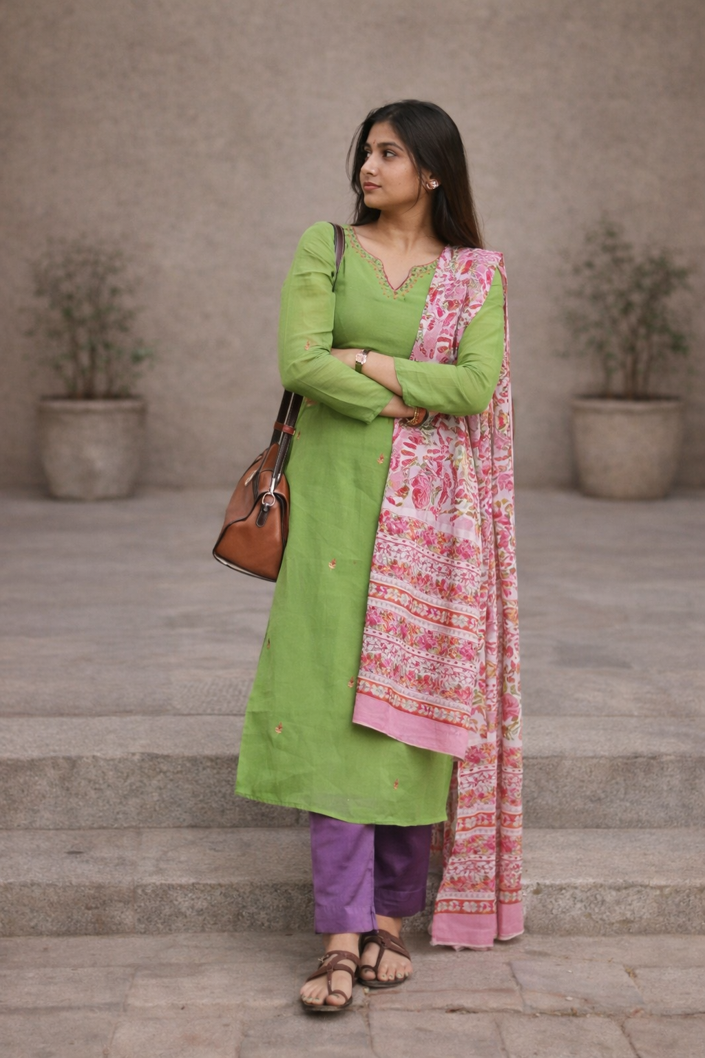 Parrot Green Pure Kota Hand Embroidered Kurta Set with Mul Checks Cotton Dupatta
