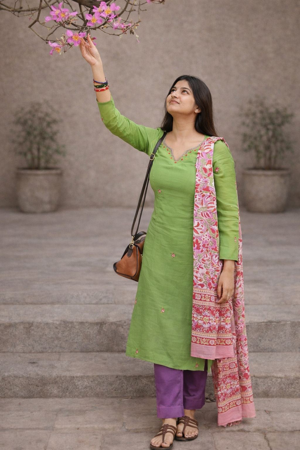 Parrot Green Pure Kota Hand Embroidered Kurta Set with Mul Checks Cotton Dupatta