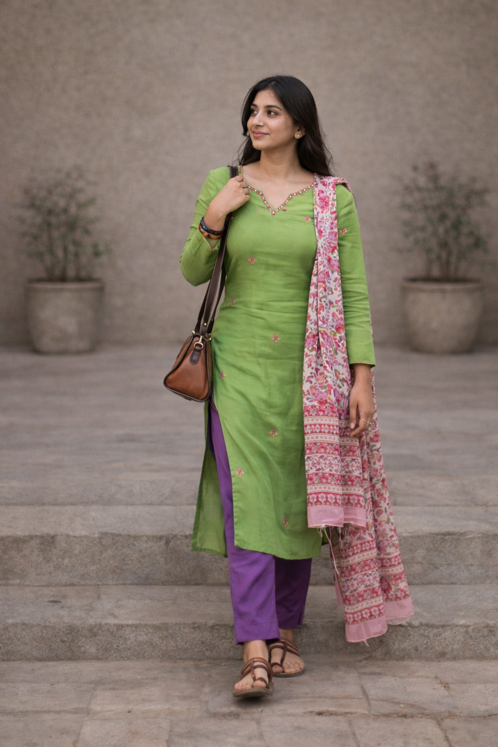 Parrot Green Pure Kota Hand Embroidered Kurta Set with Mul Checks Cotton Dupatta