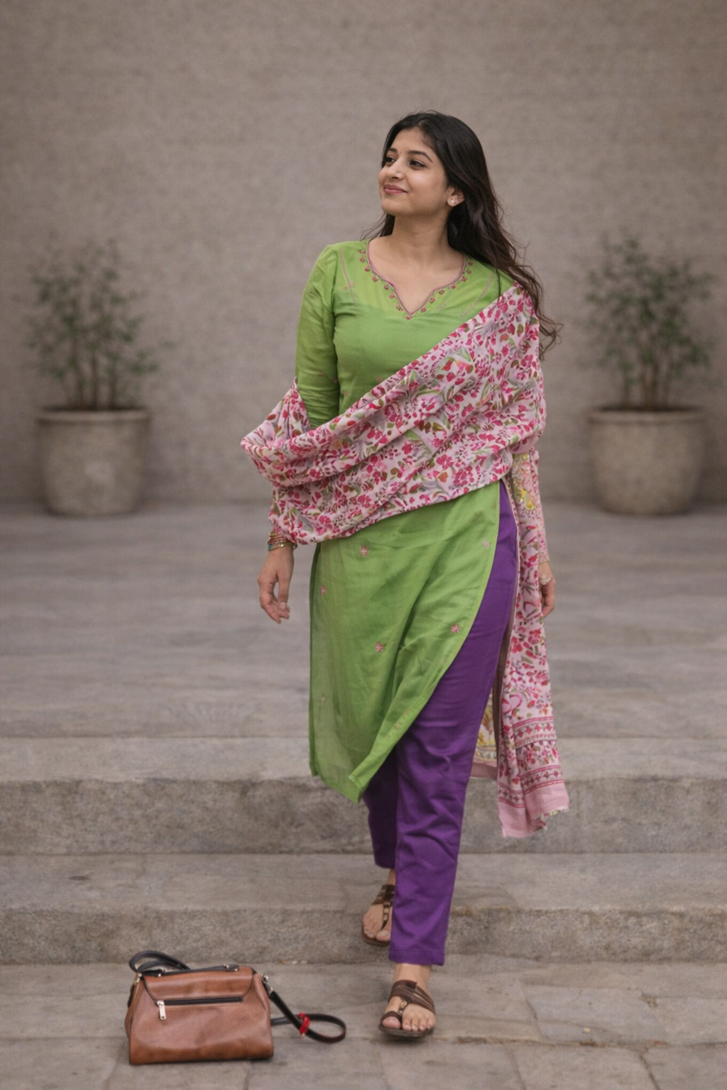 Parrot Green Pure Kota Hand Embroidered Kurta Set with Mul Checks Cotton Dupatta