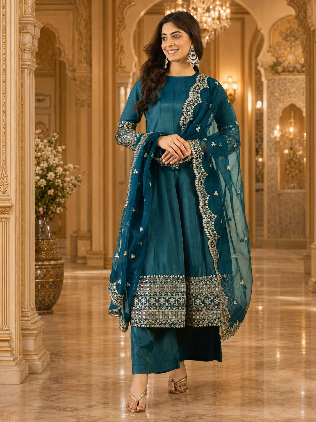 A woman models a traditional Indian salwar kameez suit in teal blue with intricate silver and gold embroidery, set against an ornate, warm-toned palace corridor.