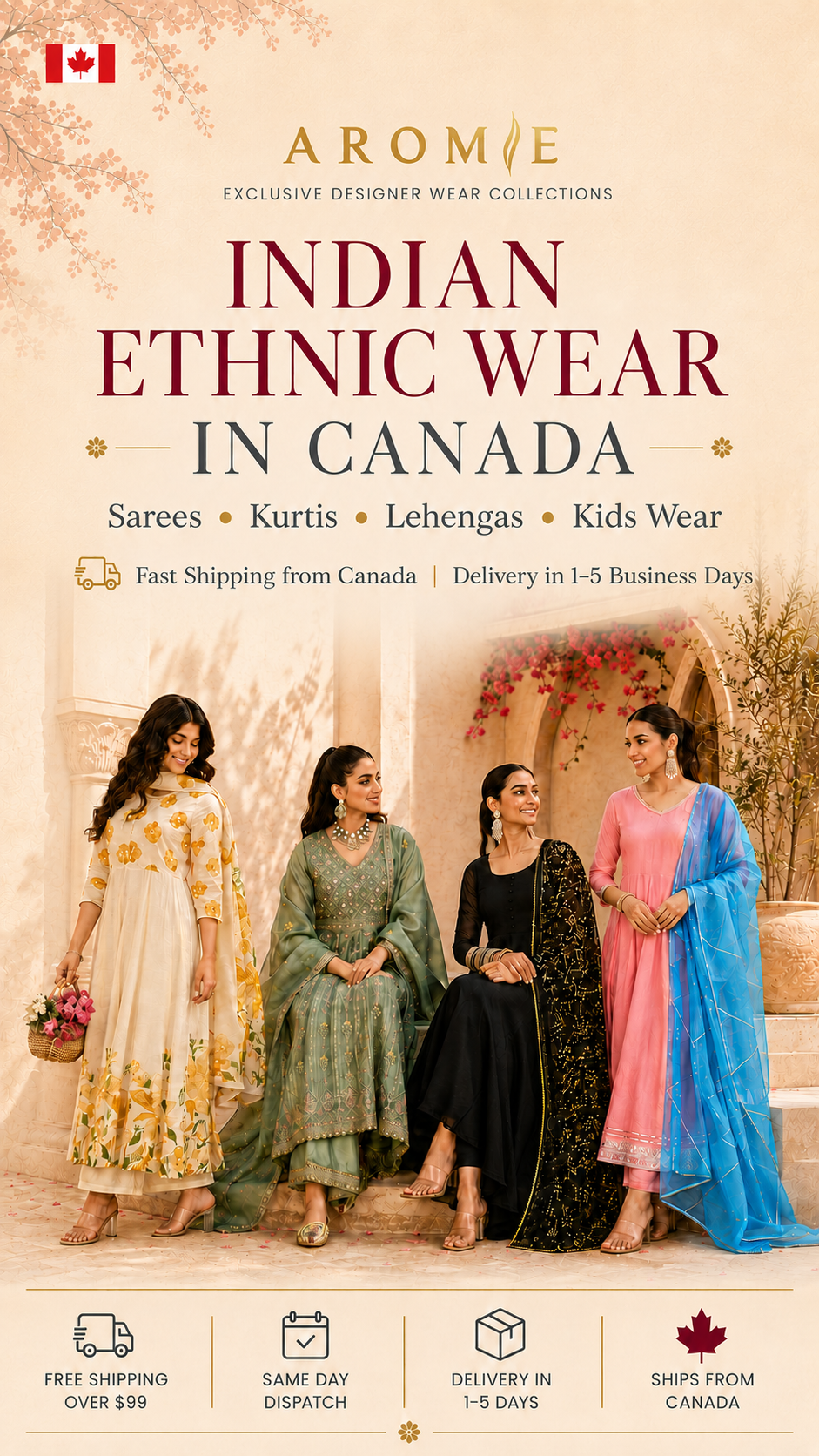 Advertisement for Arome, featuring four women in traditional Indian attire with promotional text about their clothing brand.