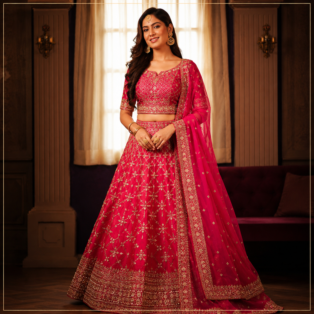 Woman in a traditional pink embroidered outfit standing indoors with curtains in the background