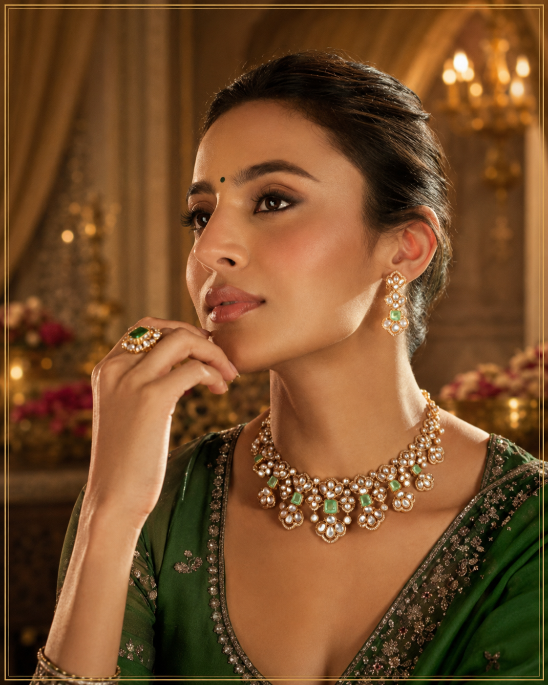 Woman wearing a green saree with gold jewelry in an elegant setting