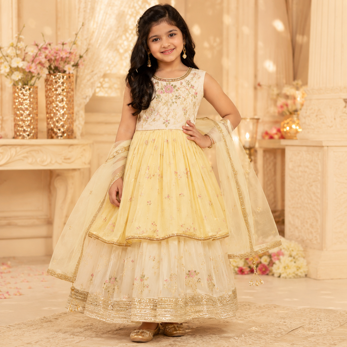 Young girl in a traditional outfit with floral patterns in a decorated indoor setting.