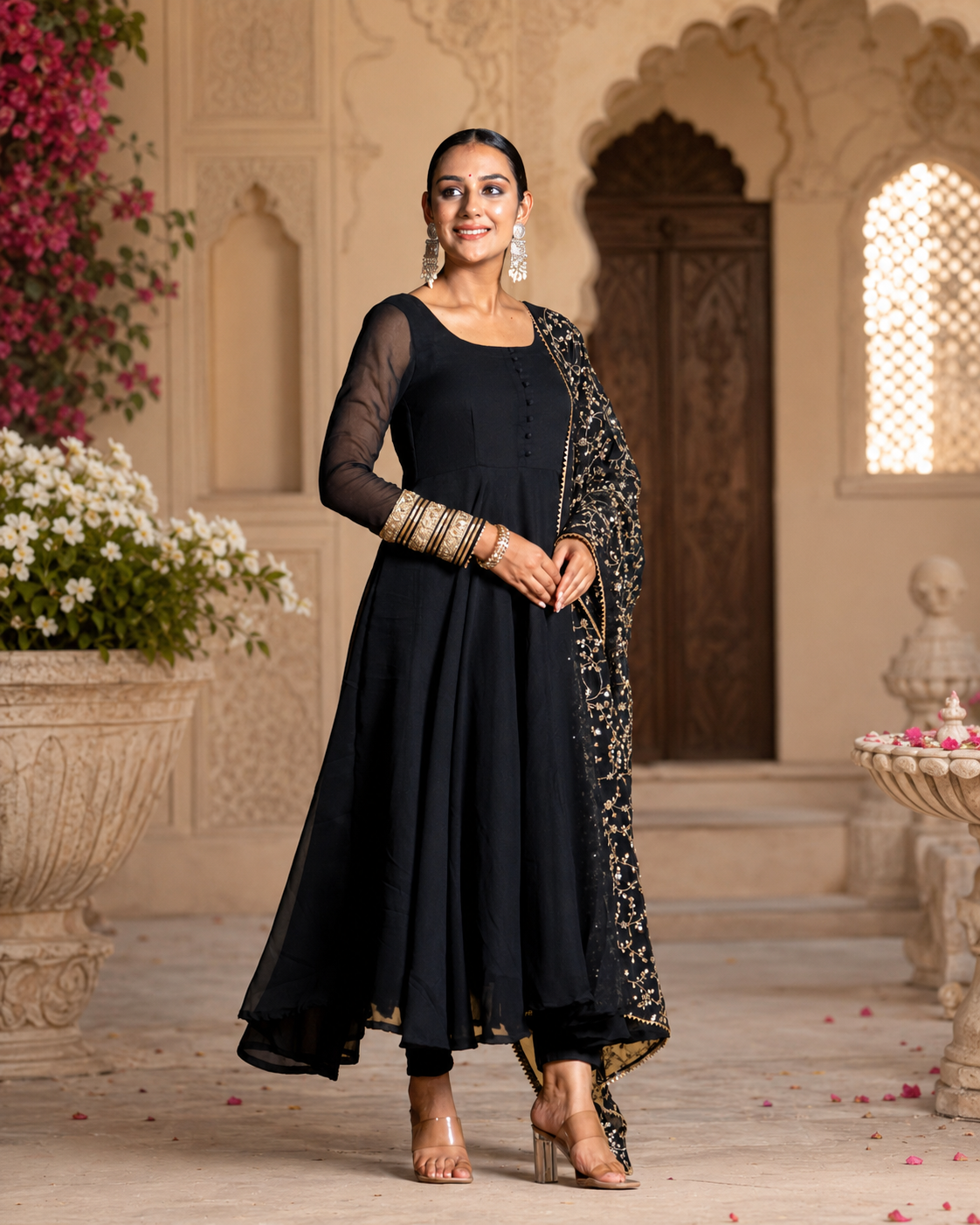 Woman in a black traditional outfit with gold accents standing in an ornate indoor setting.