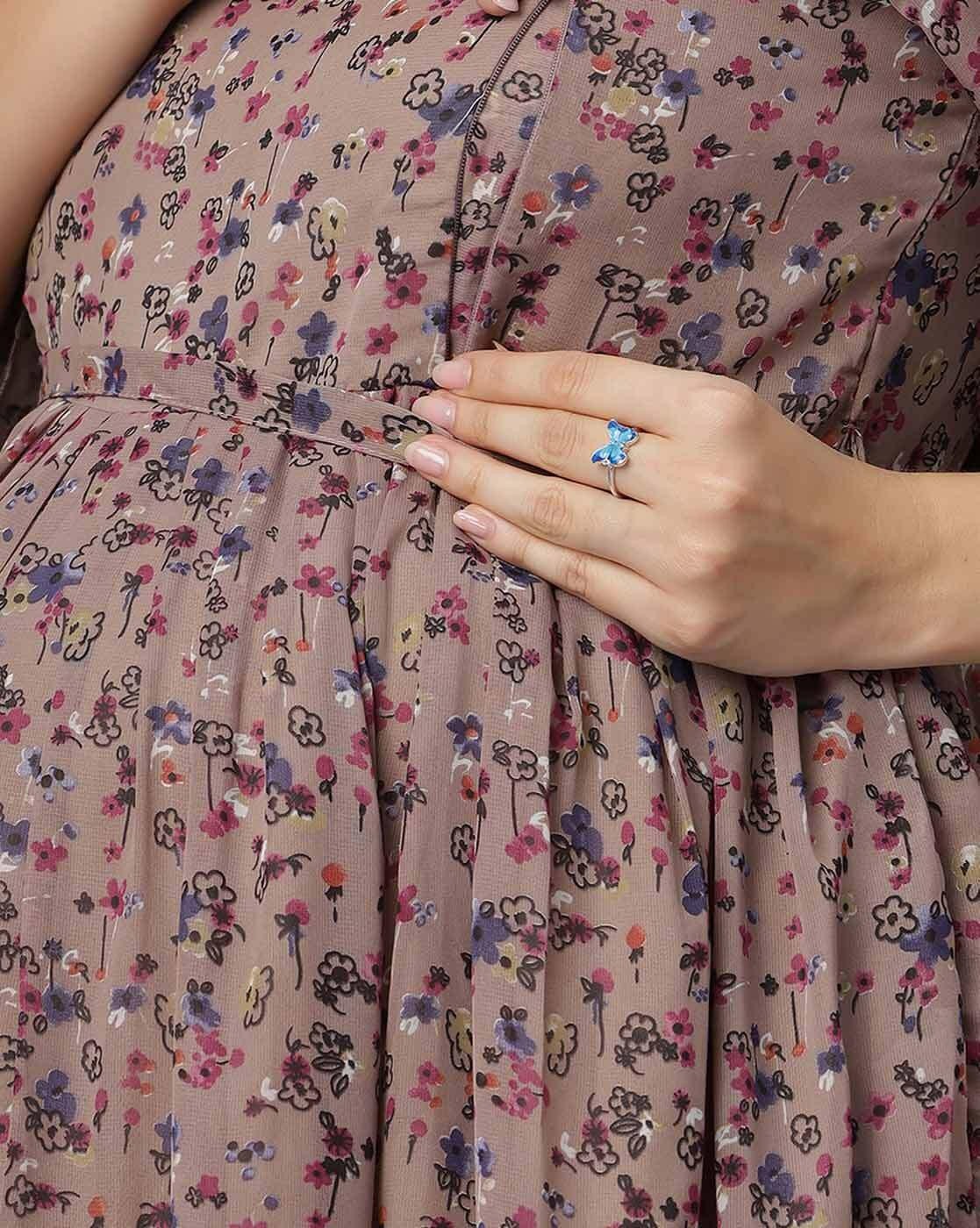 "Floral chiffon maternity fit and flare dress with feeding zippers and belt"