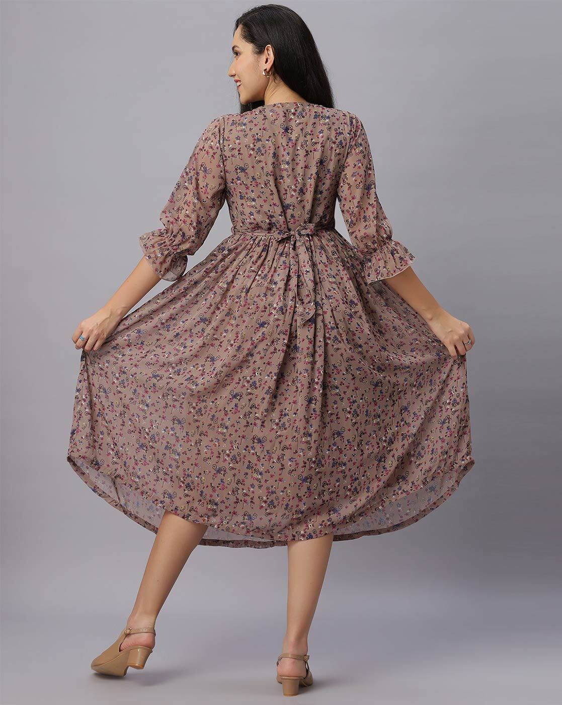 "Floral chiffon maternity fit and flare dress with feeding zippers and belt"