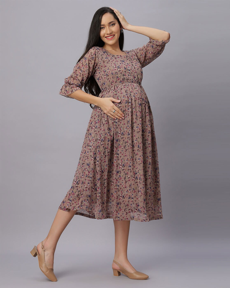 "Floral chiffon maternity fit and flare dress with feeding zippers and belt"
