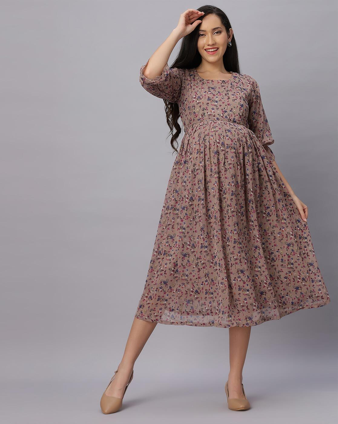 "Floral chiffon maternity fit and flare dress with feeding zippers and belt"