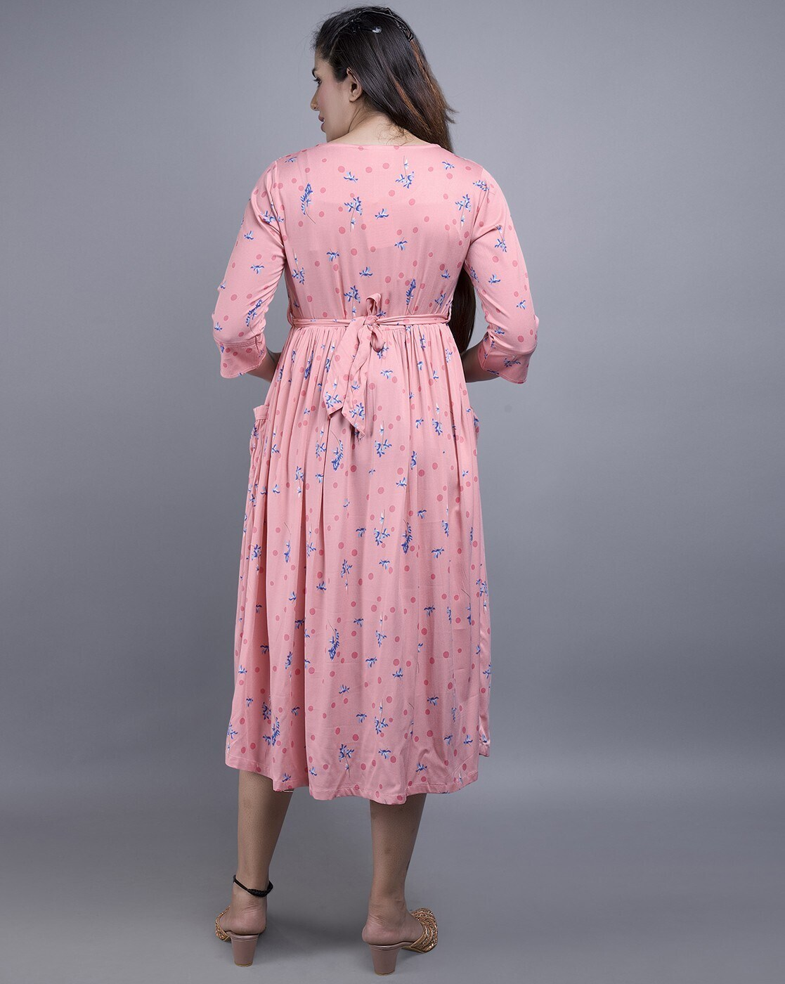 "Women’s floral print maternity A-line dress with round neck and feeding zippers – breathable rayon fabric"