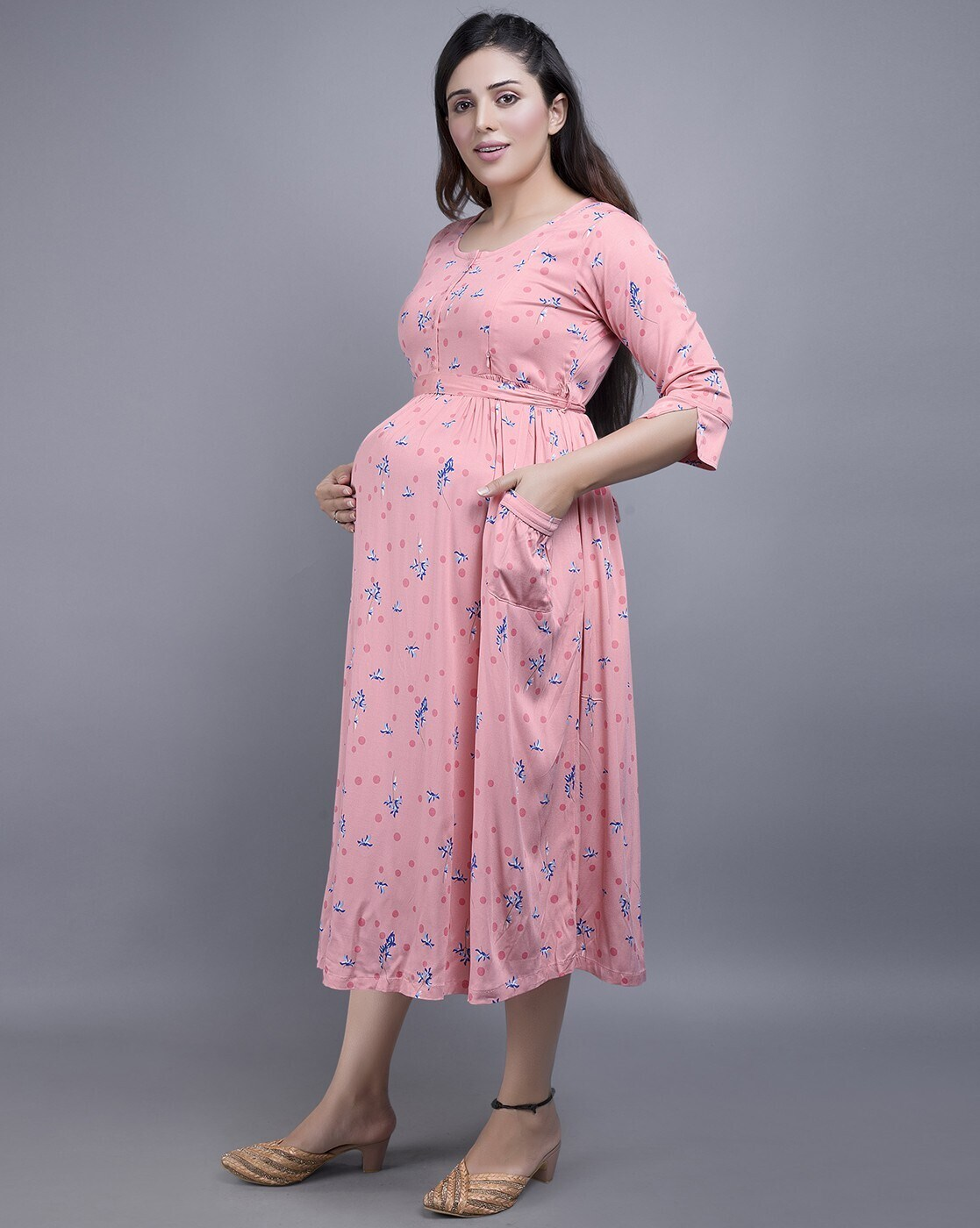 "Women’s floral print maternity A-line dress with round neck and feeding zippers – breathable rayon fabric"