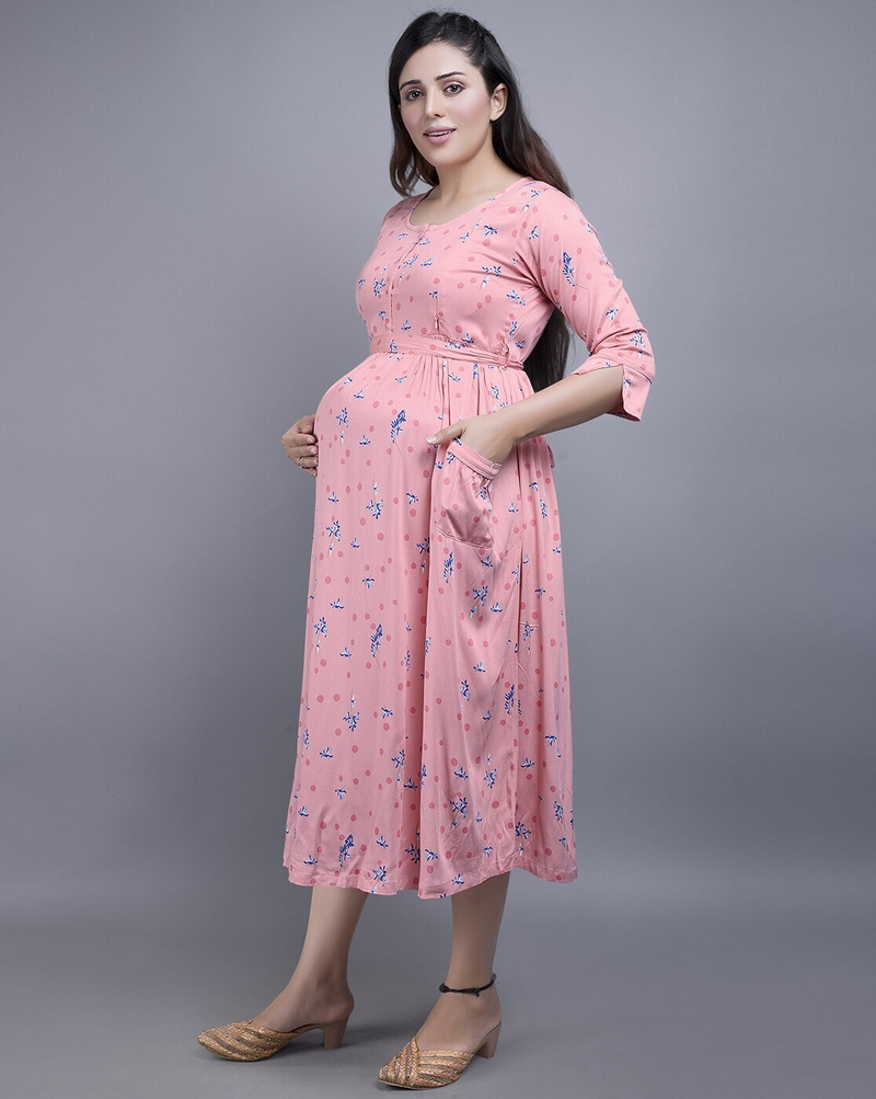 "Women’s floral print maternity A-line dress with round neck and feeding zippers – breathable rayon fabric"