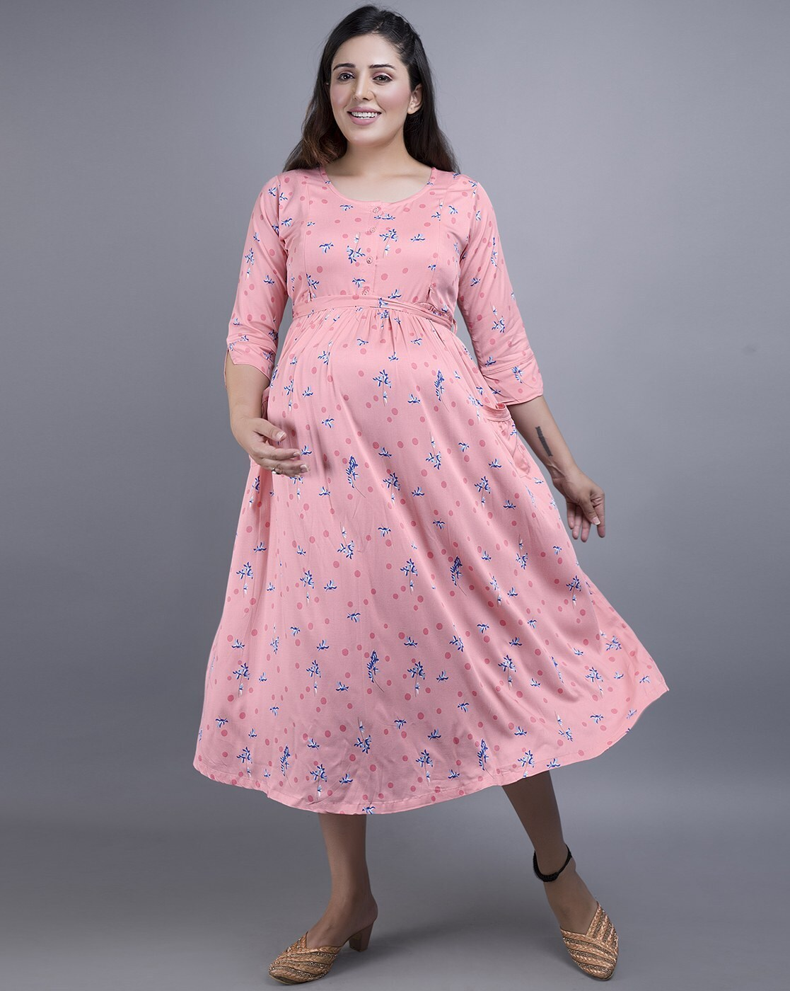 "Women’s floral print maternity A-line dress with round neck and feeding zippers – breathable rayon fabric"