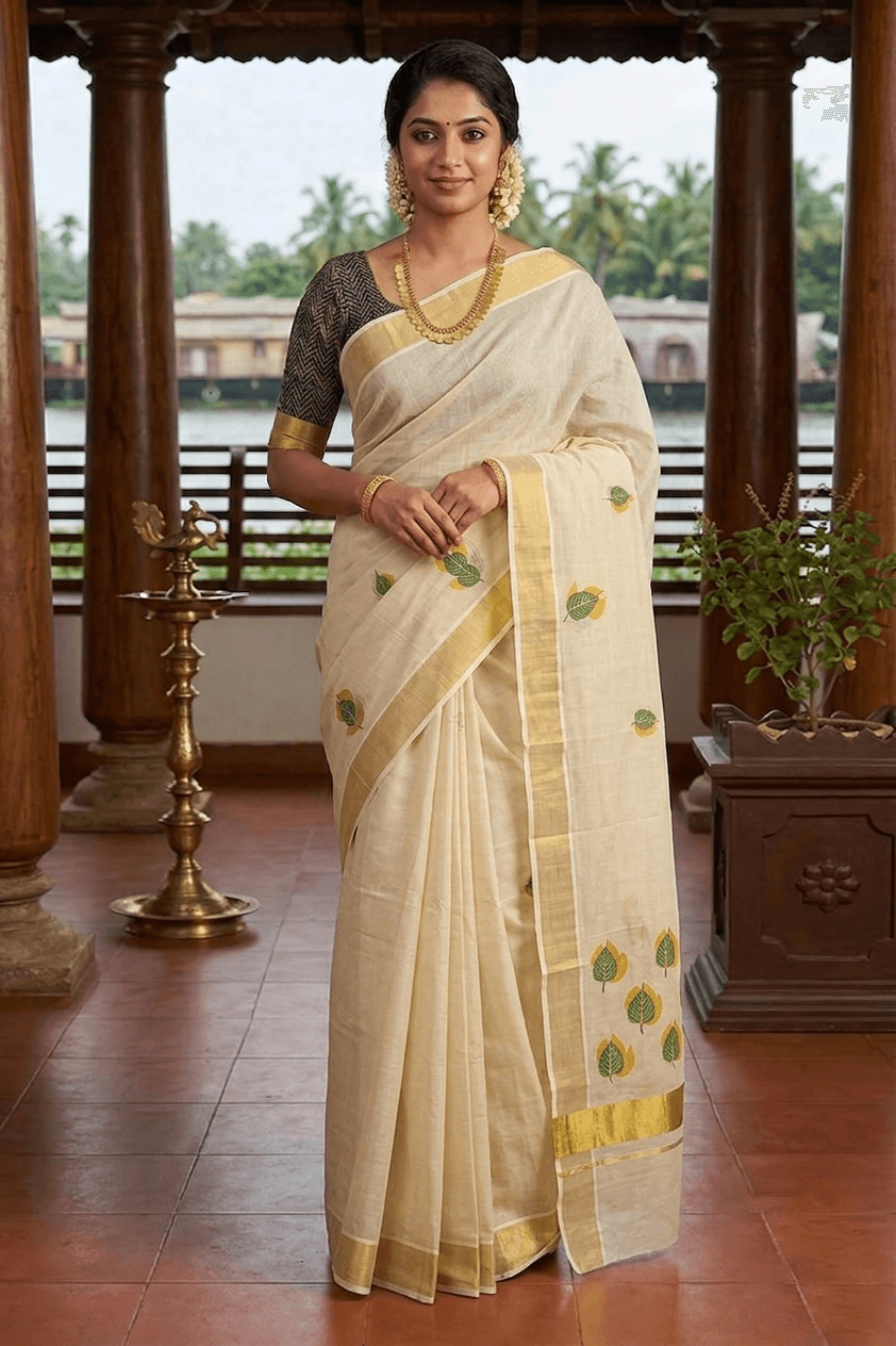 A woman modeling a cream-colored cotton saree with yellow-gold borders and green floral motifs, paired with a black sleeveless blouse, standing in a traditional indoor setting with wooden pillars.