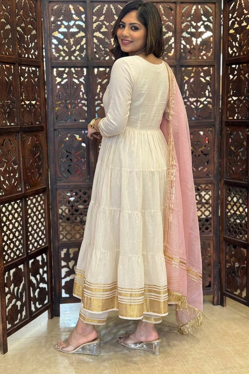 Cream Mulmul Cotton Festive Suit Set with Palazzo & Dupatta