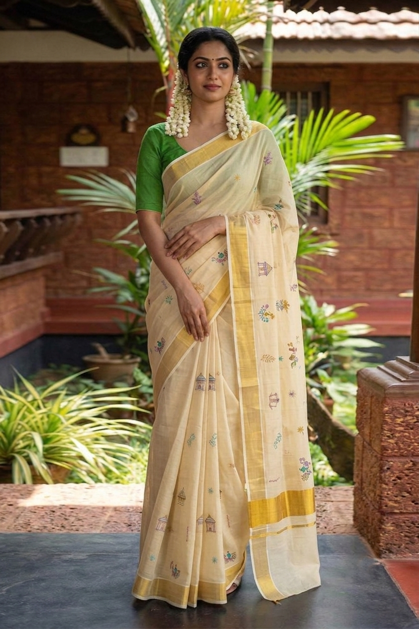 A woman wearing a light beige and green saree with floral embroidery, standing in an outdoor courtyard with plants and a brick wall in the background.