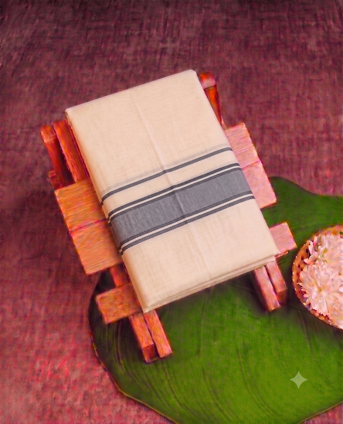 Classic Cream Kerala Mundu with black and Grey  Kasavu Border