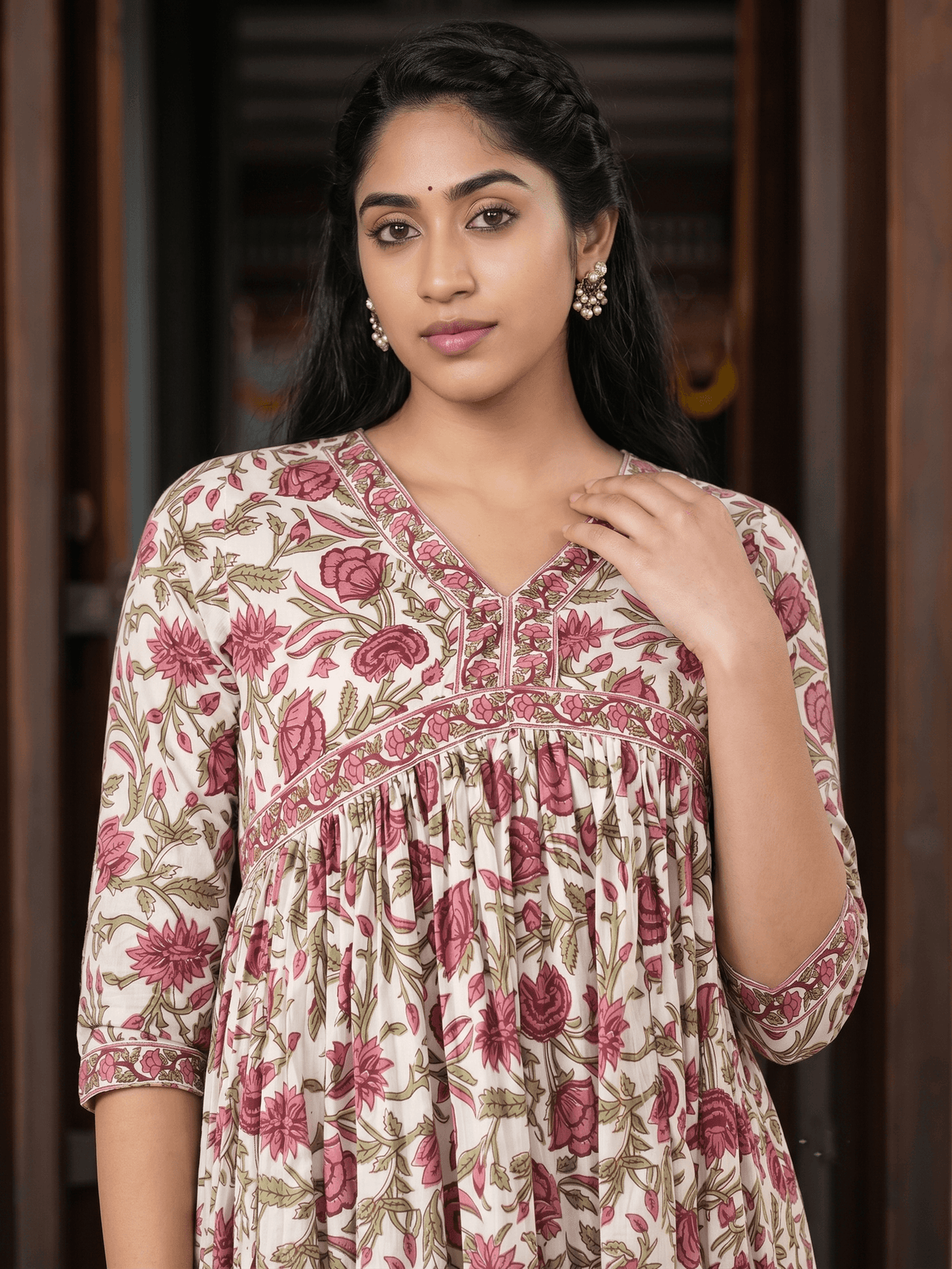 Red Printed Pure Cotton Kurta Set with Trousers and Dupatta aromie