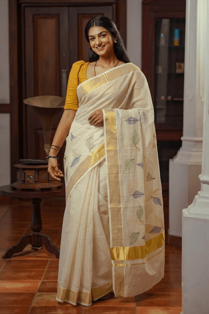 A woman wearing a cream-colored silk saree with gold borders and green leaf motifs, paired with a mustard yellow blouse, standing in a traditional indoor setting with wooden floors and dark wood doors.