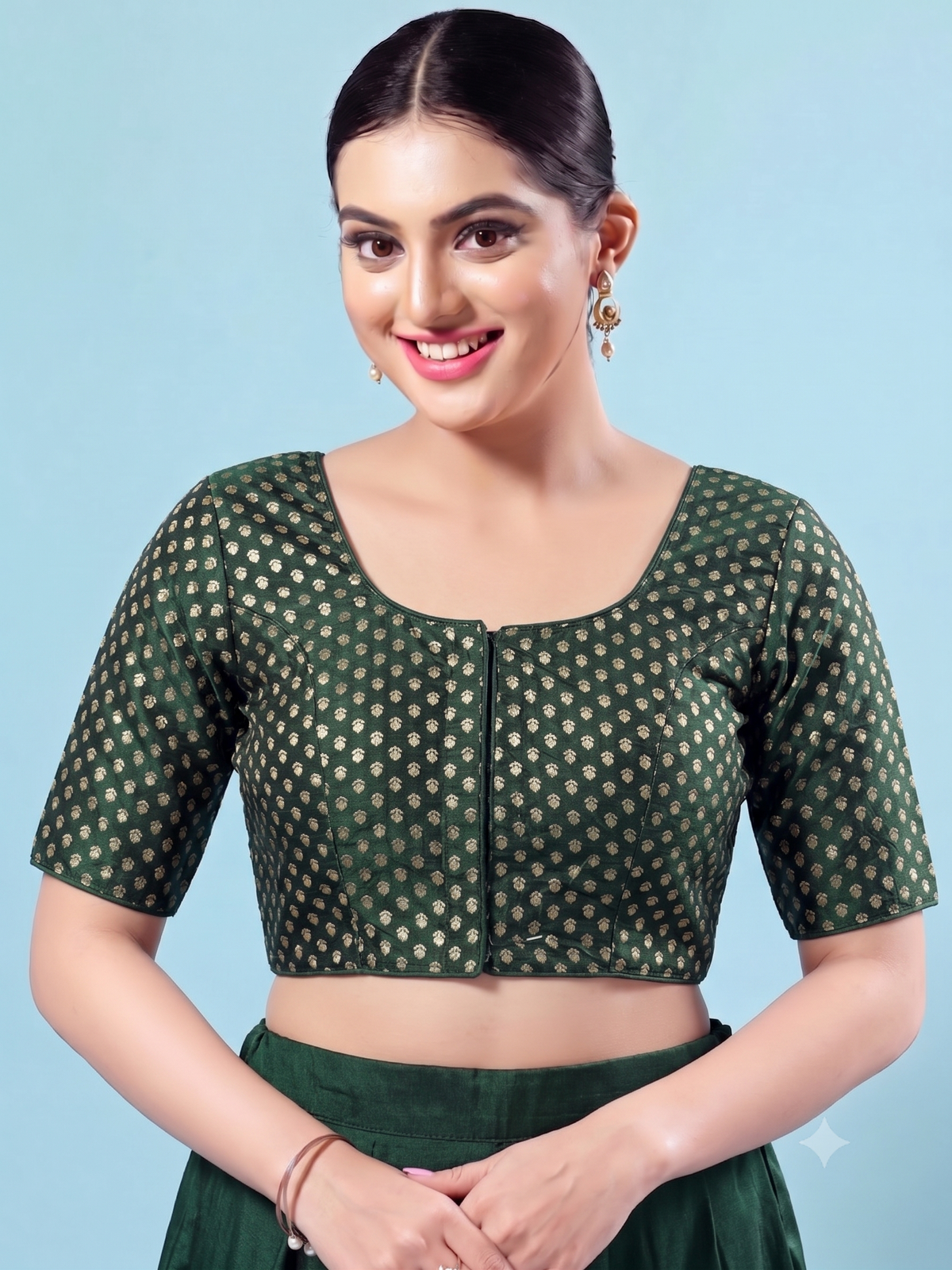 Dark Green foil print Saree Blouse with Elbow Sleeves