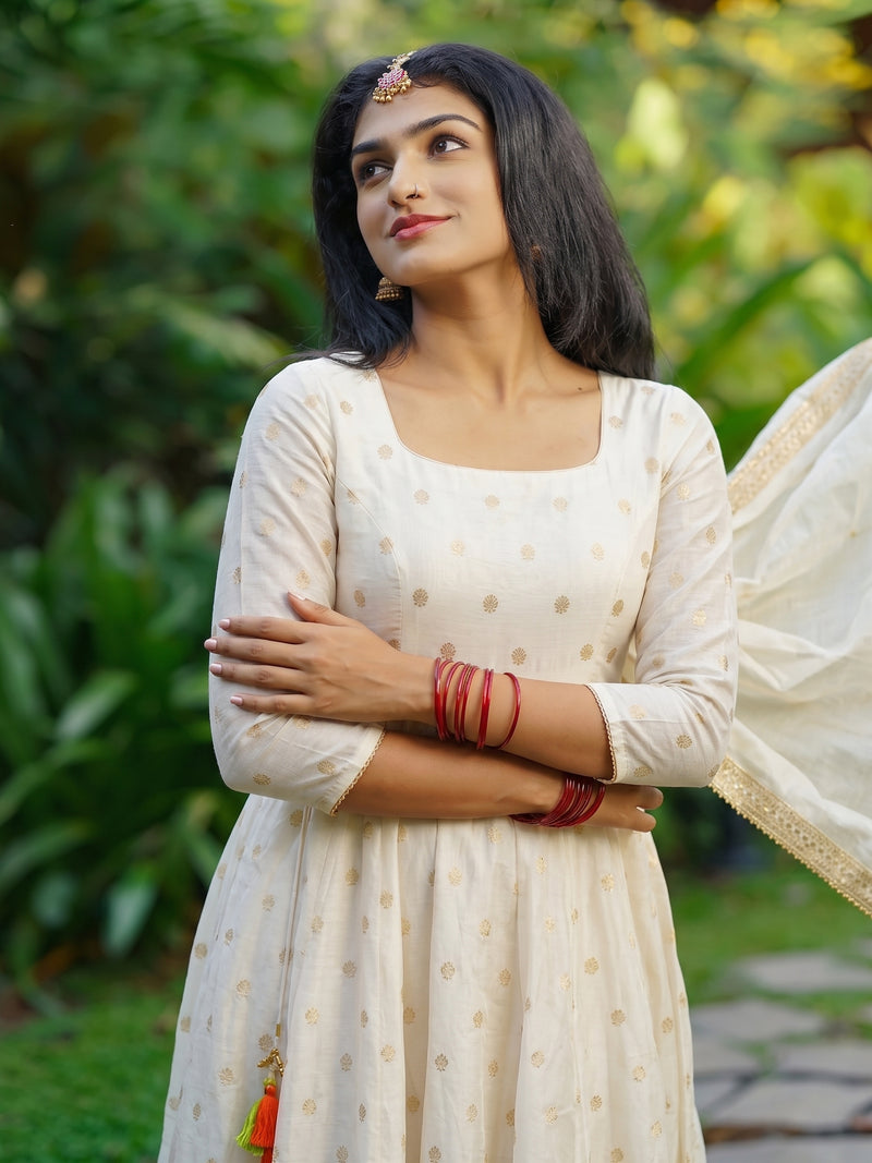 White Embroidered Rich Chanderi Anarkali Set with Palazzo and Dupatta aromie
