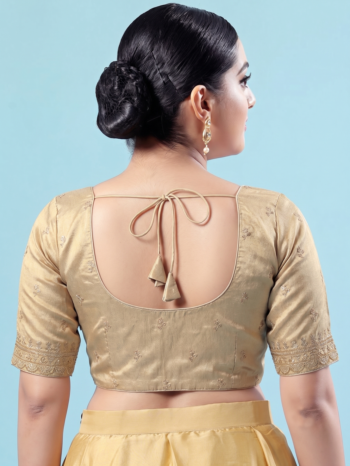 Golden Beige Embroidered Saree Blouse with Elbow Sleeves
