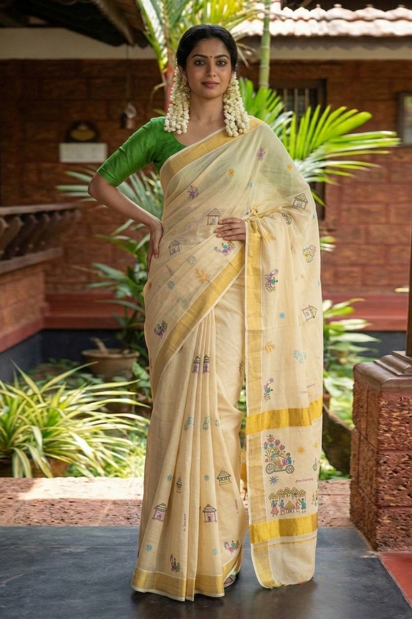 A woman models a traditional Indian saree in an outdoor courtyard setting. The saree is cream-colored with yellow borders and small floral prints, paired with a solid green sleeveless blouse.