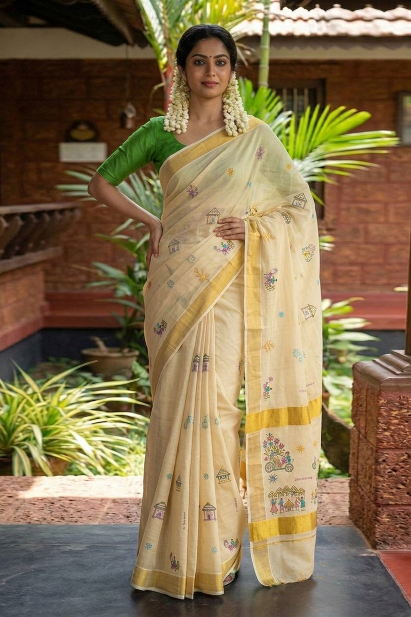 A woman models a traditional Indian saree in an outdoor courtyard setting. The saree is cream-colored with yellow borders and small floral prints, paired with a solid green sleeveless blouse.
