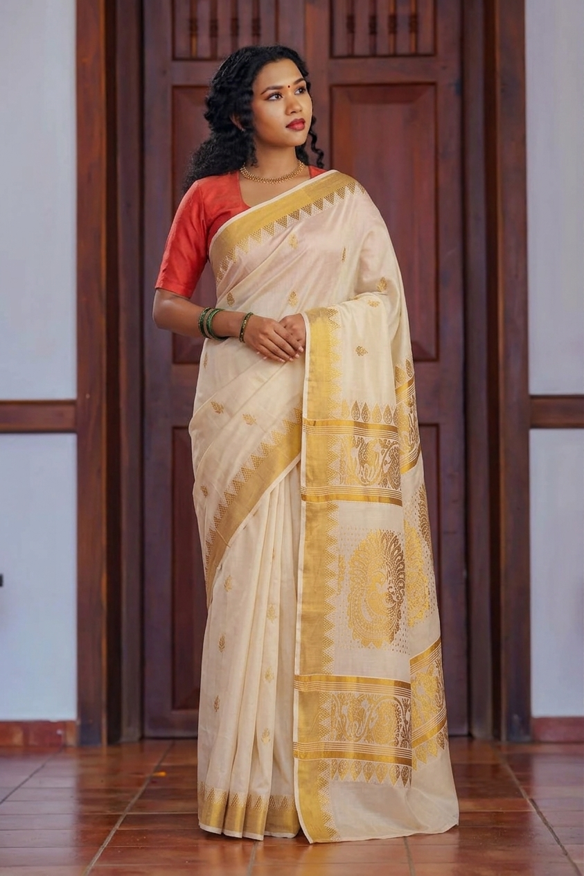 A woman wearing a traditional Indian saree with a cream body, gold border patterns, and a red sleeveless blouse, standing in front of a dark wooden door.