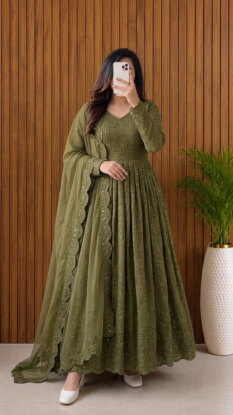 Mehndi Green Fox Georgette Gown aromie