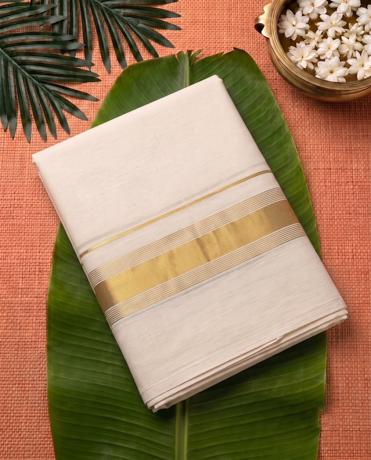 Cream Cotton Kerala Kasavu Mundu with gold  Border